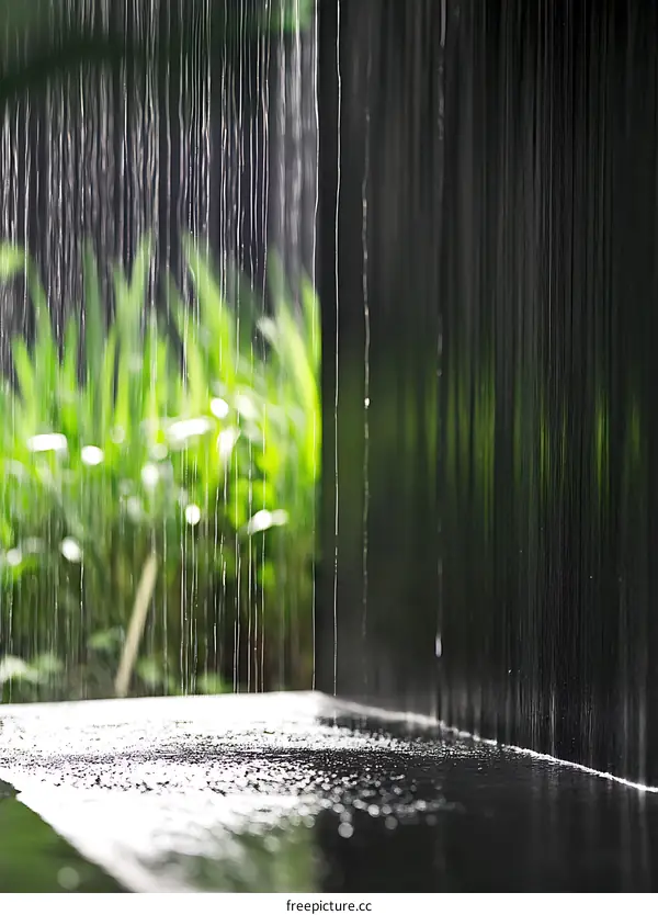 Water Droplets Falling on Black Wall with Green Plants Background