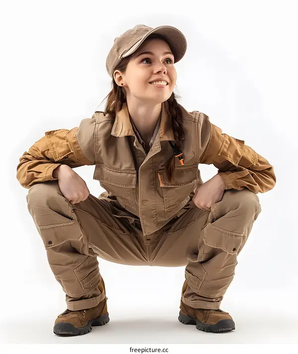portrait of a smiling woman crouching in khaki workwear