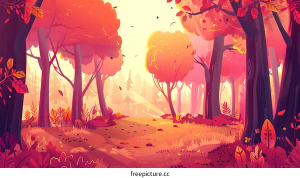 Autumn Forest Illustration with Orange and Red Trees