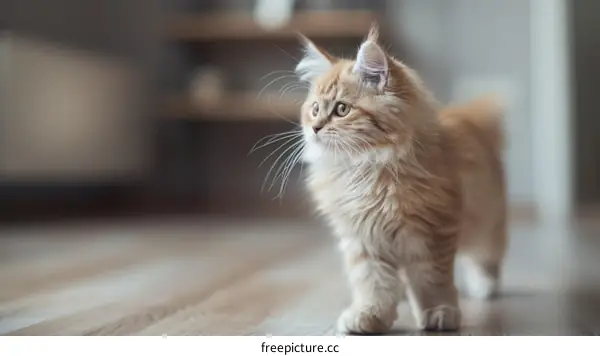 A Cute Ginger Kitten is Walking on a Wooden Floor