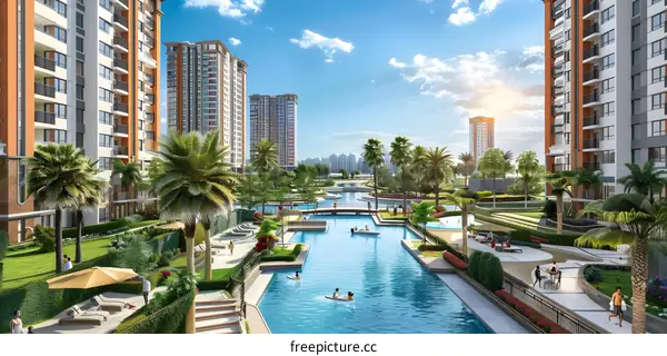 An illustration of a group of people swimming in a pool with a view of the city in the background