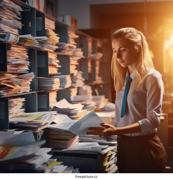 A woman in a white shirt and blue tie is looking at a stack of documents.