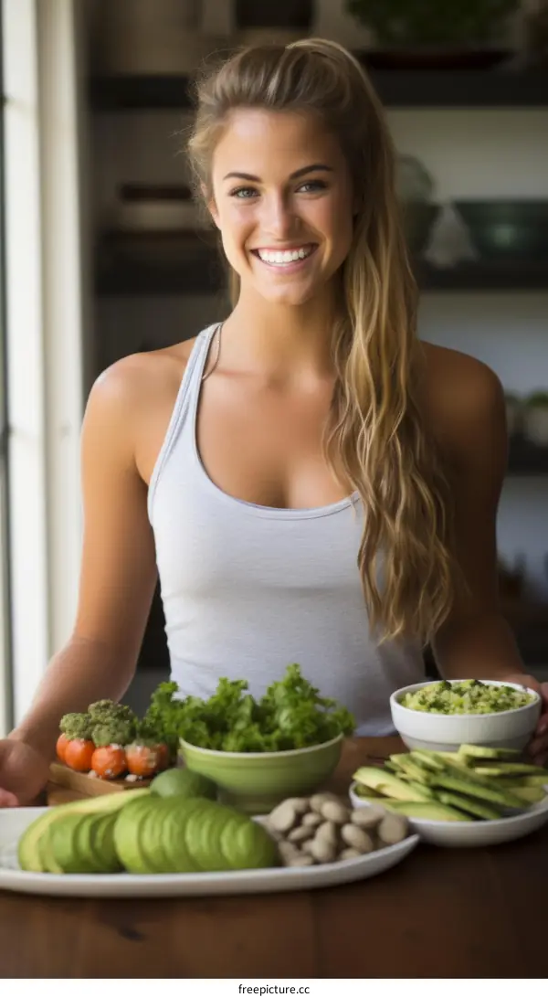 Blonde woman with grey tank top holding a plate of vegetables and avocado