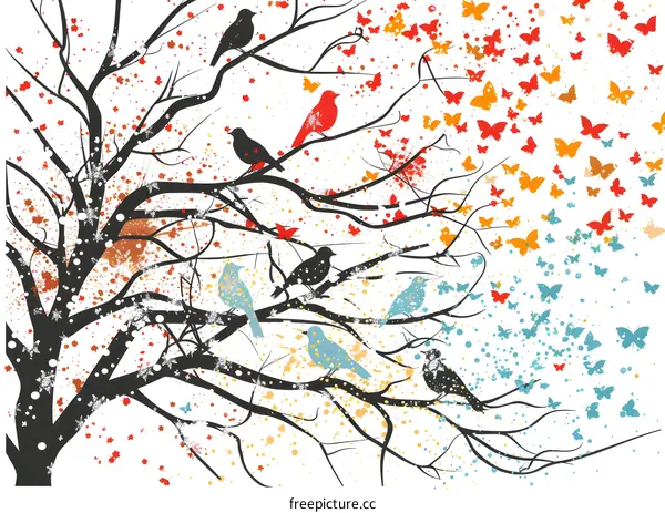 Tree Branches with Birds and Butterflies in Winter and Spring