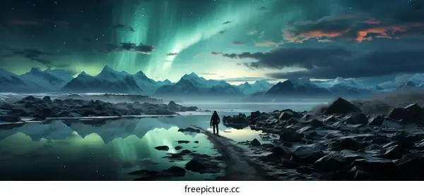 Aurora borealis landscape with mountains and lake at night