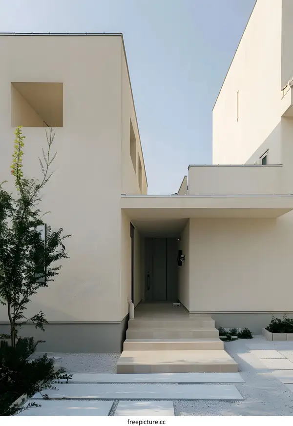 Minimalist Modern Home Entrance With Stone Steps and Gravel Pathway