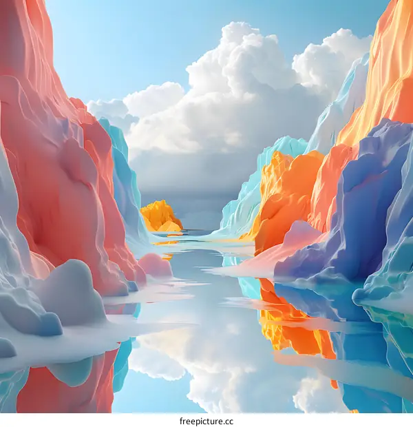 Colorful 3D landscape with a river running through it