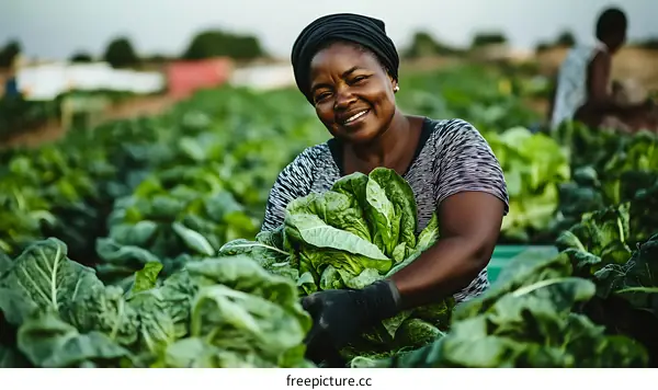 African Woman Harvesting Fresh Greens in a Farm Field