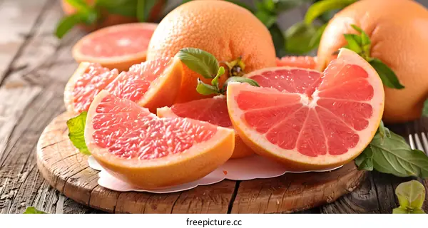 Freshly Cut Grapefruit Slices on Wooden Board