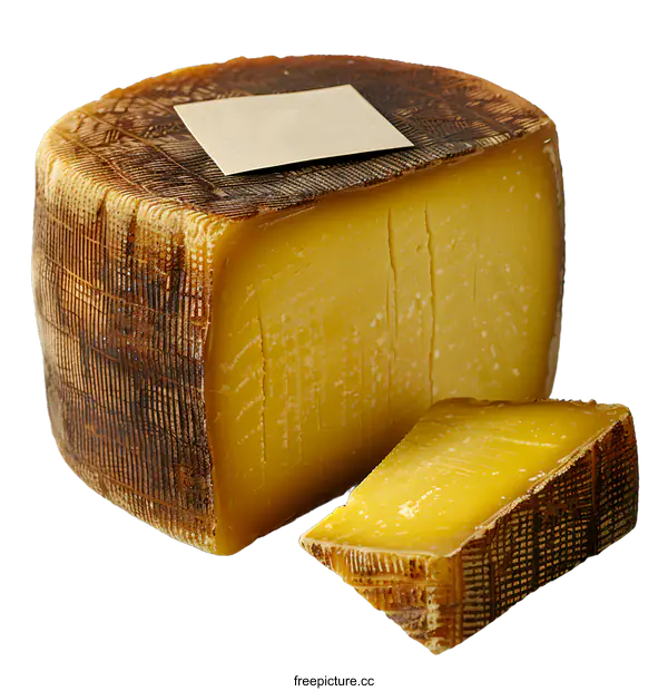 [Transparent Background PNG]A wheel of cheese with a brown rind and a yellow interior