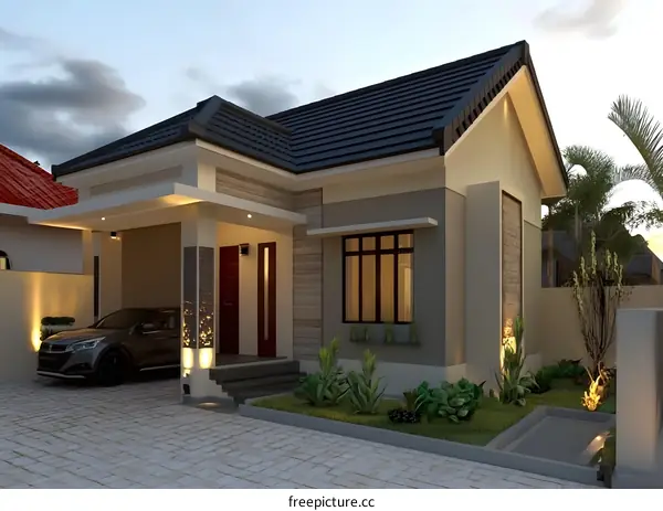 Modern House Design With Stone Wall And Green Plants