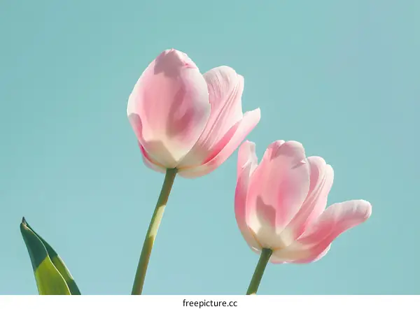 Two Pink Tulips Against a Blue Sky