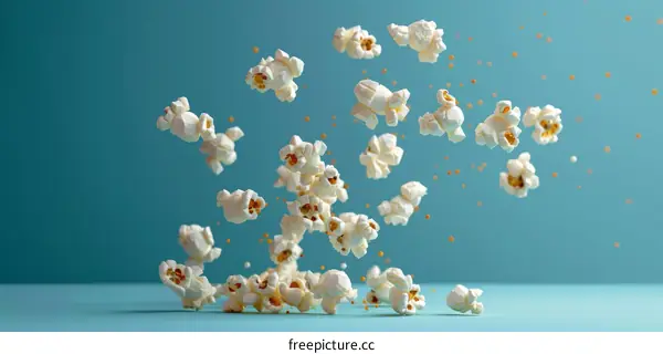 A blue background with white popcorn pieces falling
