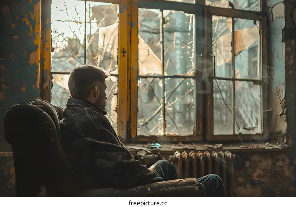 man looking out the window