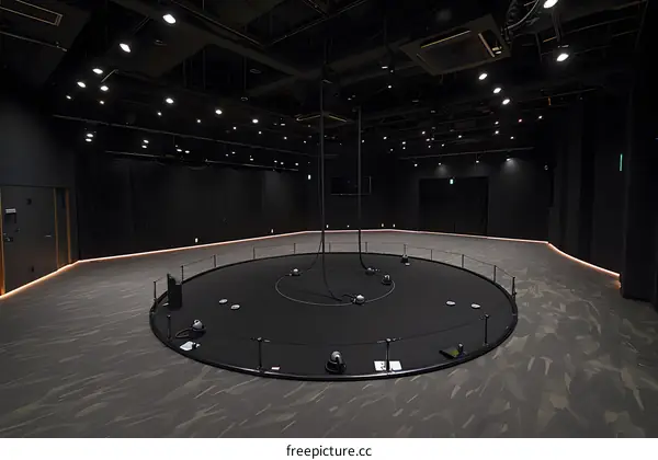 Black Room with Circular Stage and Hanging Ropes