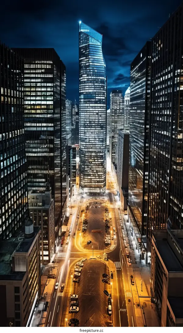 Aerial View of Skyscrapers and City Street at Night