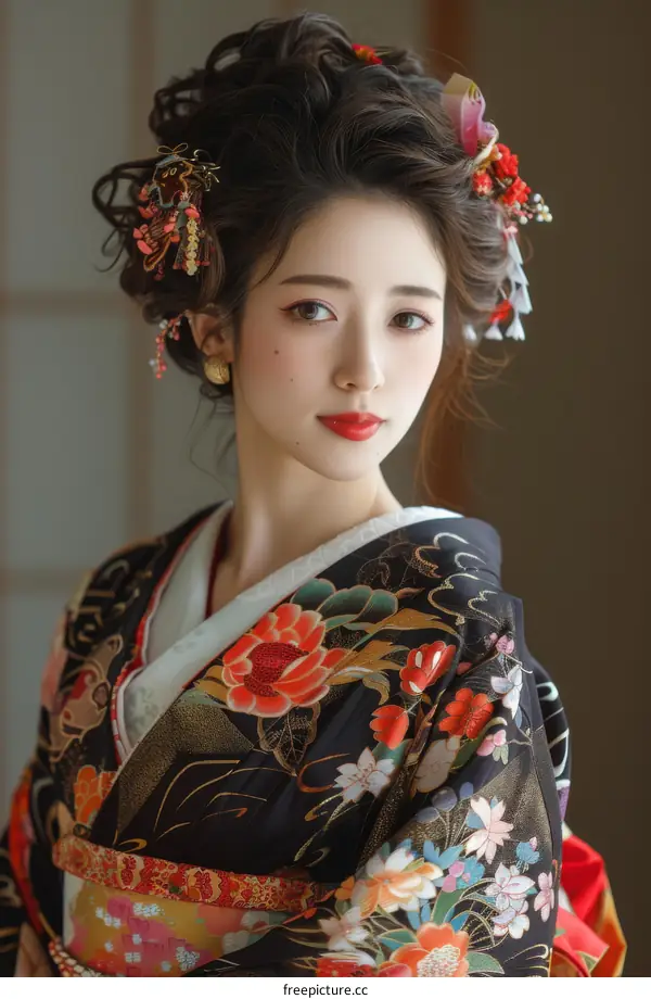 Portrait of a beautiful Japanese woman in traditional kimono