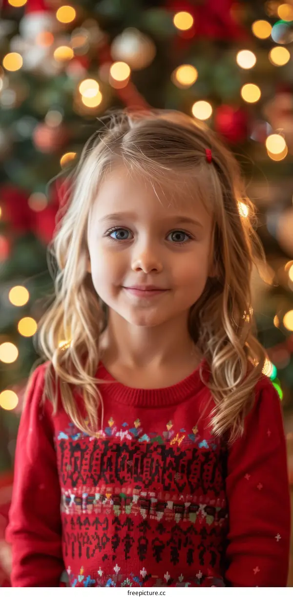 Little Girl with Blonde Hair Wearing Red Christmas Sweater