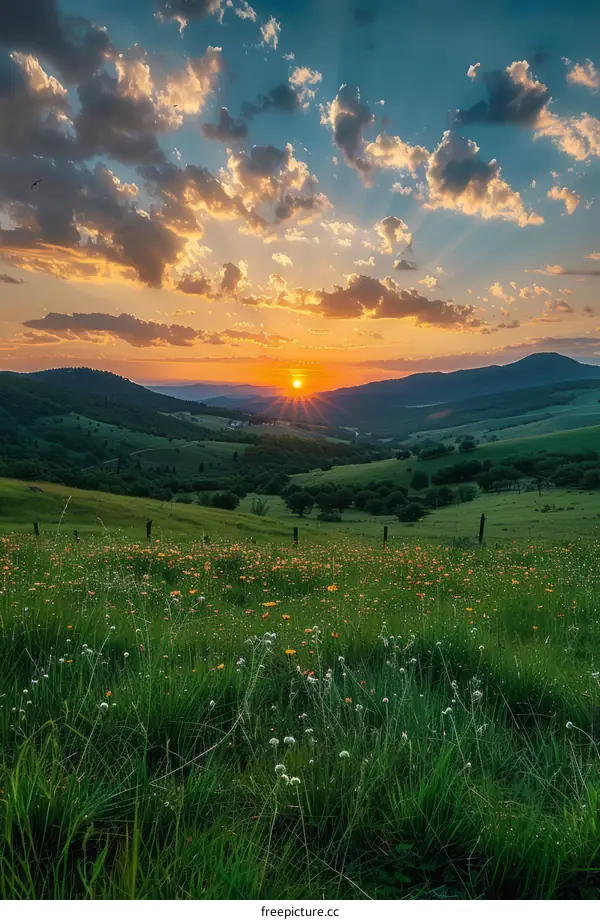 Sunset Over Rolling Green Hills