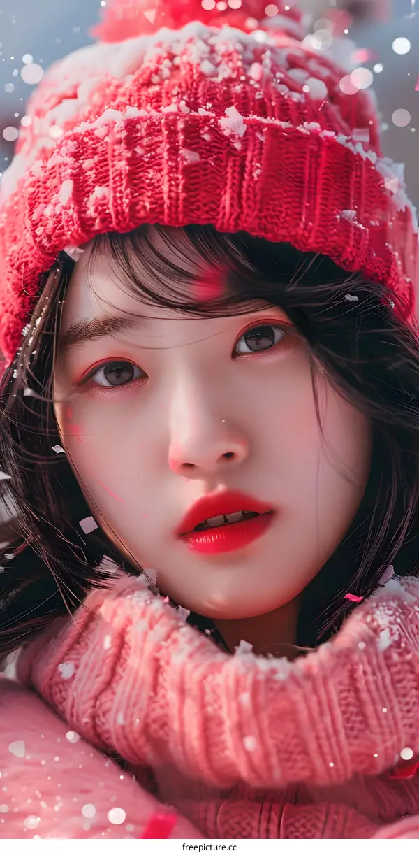 Winter Portrait of Young Woman Wearing Red Knit Hat and Sweater