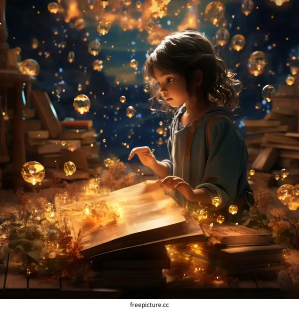 Little Girl Reading a Magic Book in a Mystical Fairy Tale World