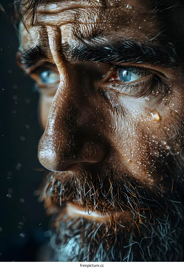 Portrait of a wet man with blue eyes and a beard