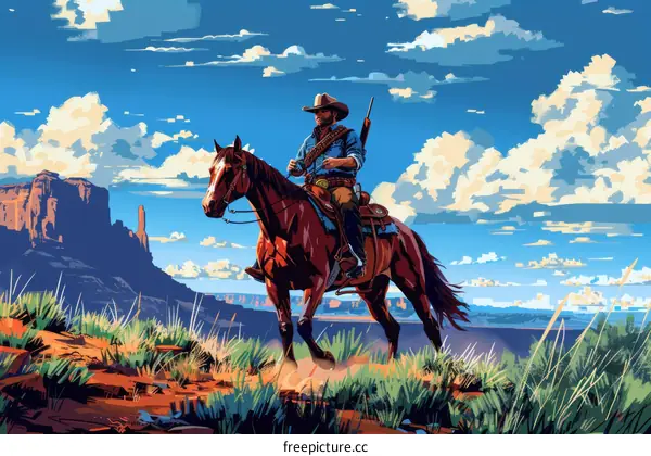 Cowboy on Horseback Riding in the Desert
