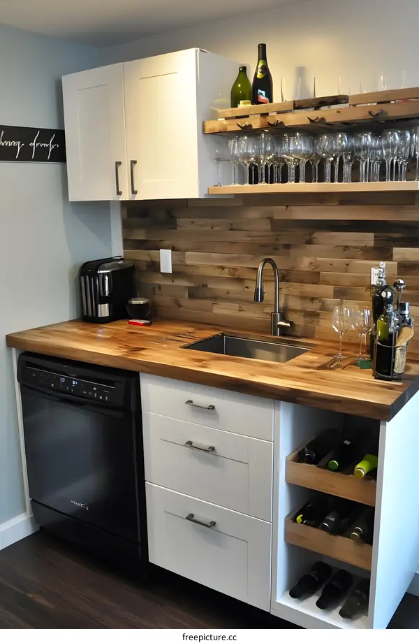 Modern Kitchen Bar with Wine Rack and Rustic Wall