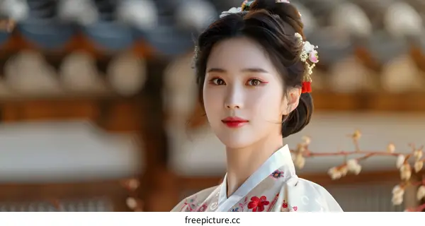 A beautiful Korean woman in a traditional white dress