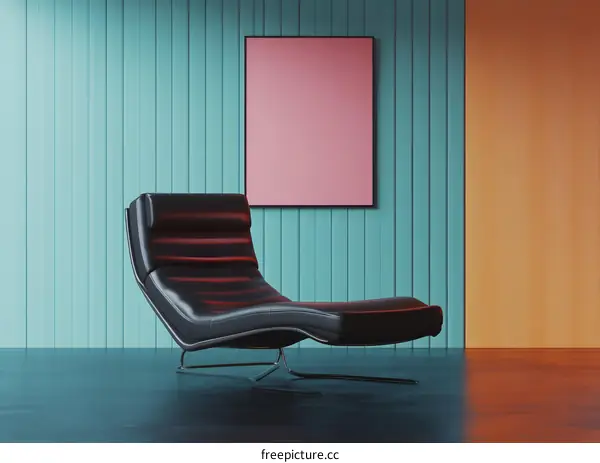 Black Leather Chaise Lounge in a Modern Room with Turquoise and Orange Walls