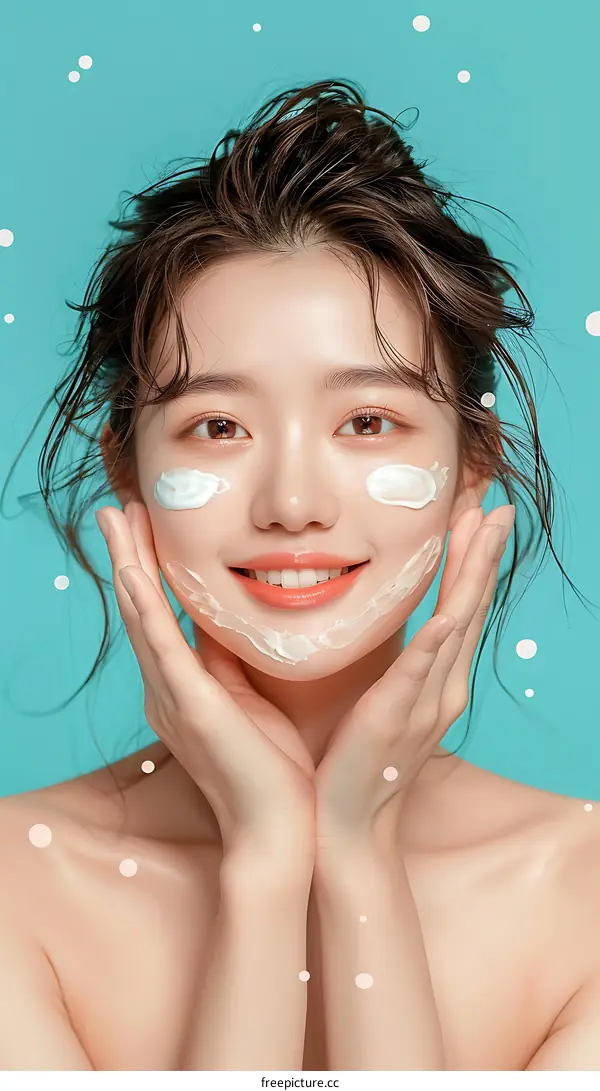 Beautiful Asian Woman Applying Face Cream on Blue Background
