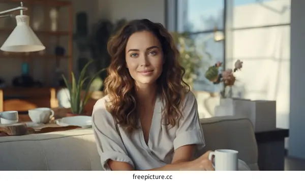 Portrait of a beautiful young woman sitting on a couch and holding a cup of coffee