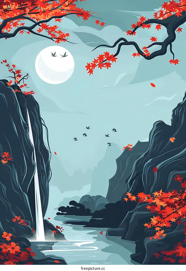 Waterfall in Mountains Landscape Illustration