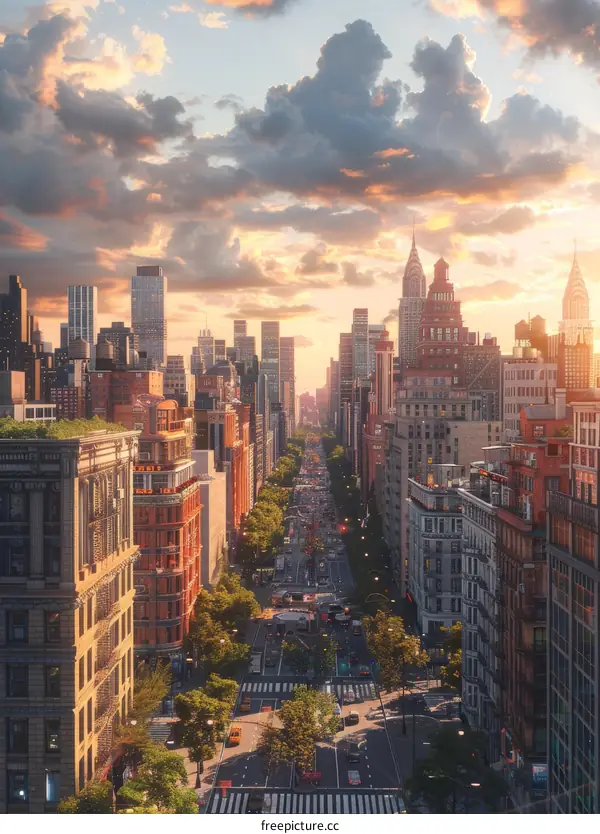 Busy Urban Street Scene at Sunset with Traffic and Pedestrians Crossing