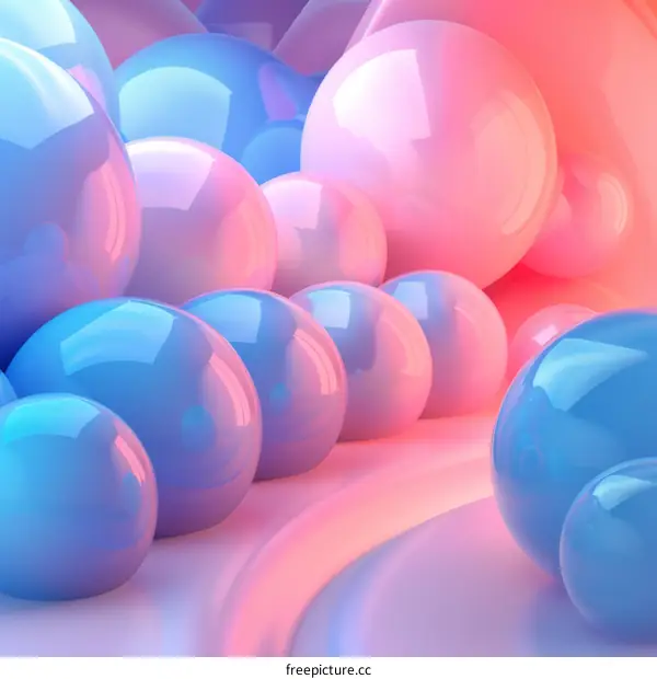 Pink and blue glossy spheres of different sizes on a pink background