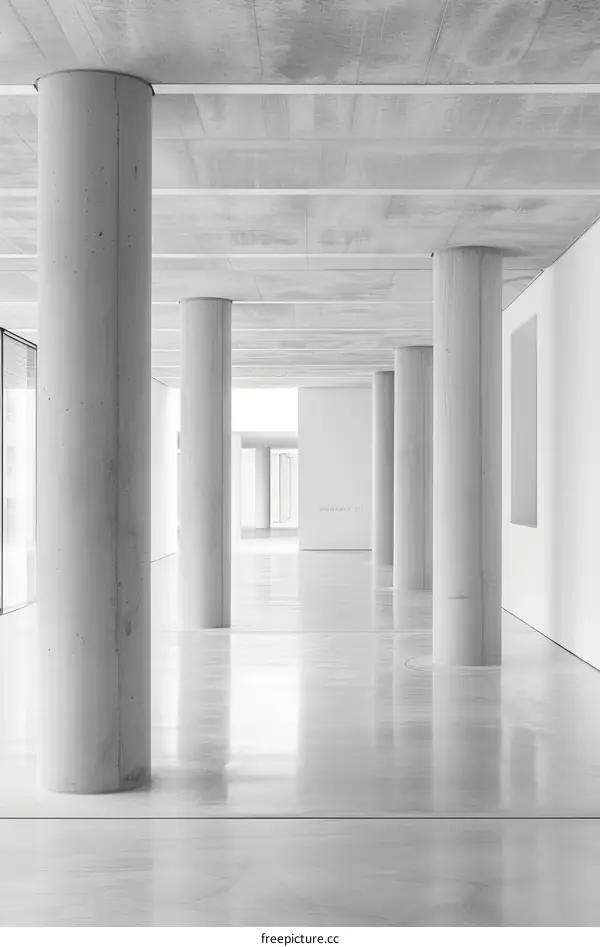 A long empty hallway with concrete columns on either side
