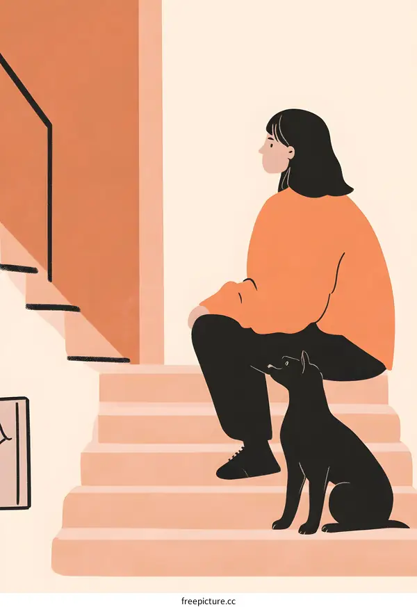 Woman Sitting on Stairs with Dog