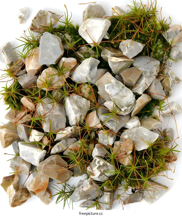 Close Up of Gravel and Moss on White Background