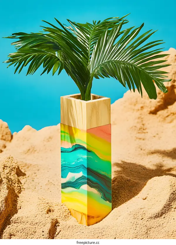 Palm Tree in a Colorful Wooden Vase on a Sandy Beach