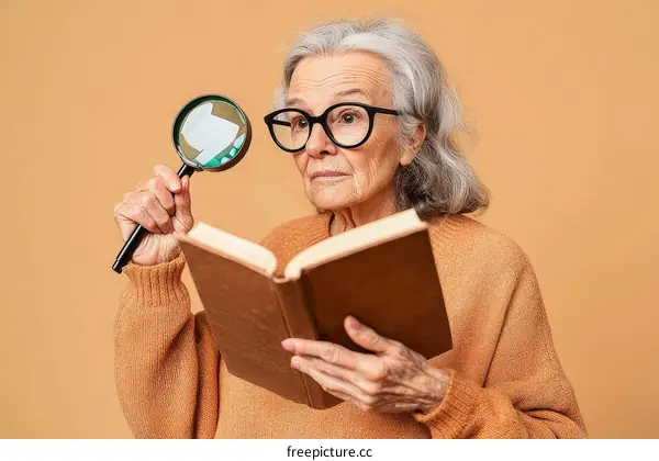 Elderly Woman Reading a Book with Magnifying Glass