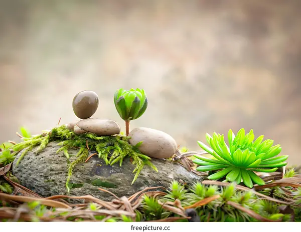 Zen Garden With Stones And Green Plants