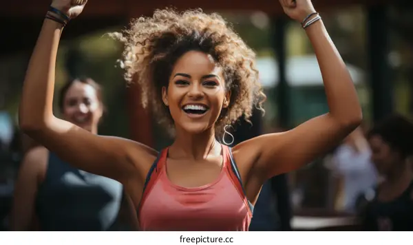 Ecstatic curly-haired woman celebrating her victory with friends in the background