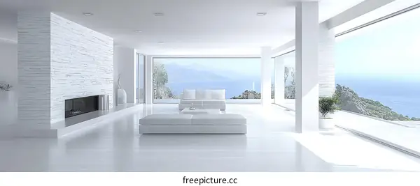 Modern White Living Room with Panoramic Ocean View