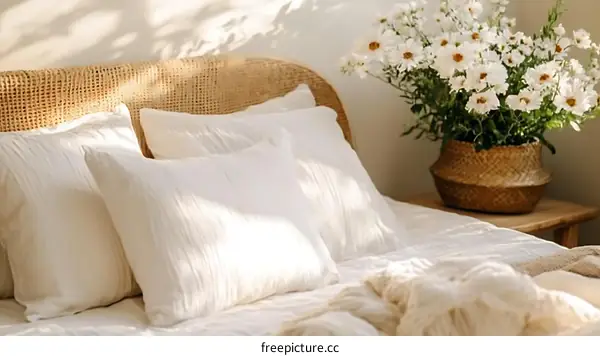 White Bedding Set with Flowers in a Basket
