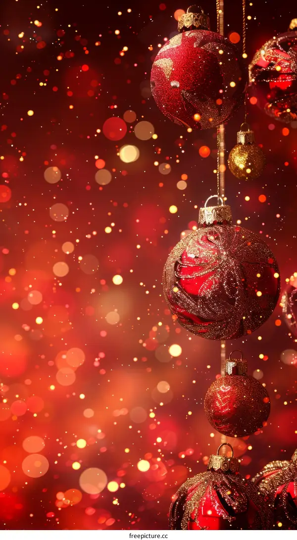 Red and gold Christmas ornaments hanging on red background with blurred lights