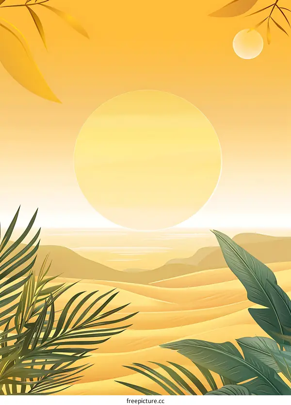 Minimalist Desert Landscape Illustration with Palm Trees and Sun