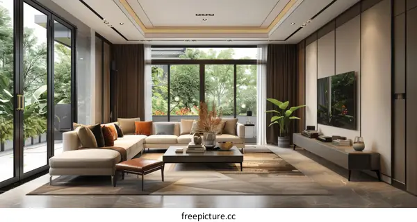 Modern Living Room with Wide Windows and Balcony