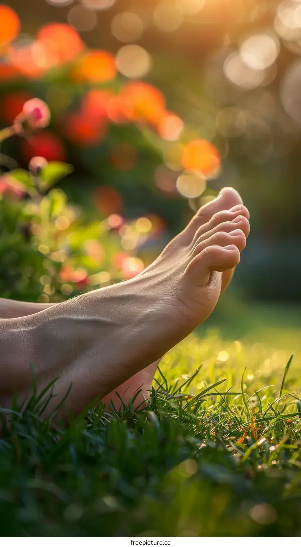 Close-up of woman's bare feet on green grass with blurred flowers in the background