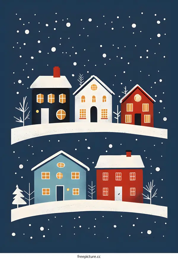 Winter Village Night Snowy Houses Illustration