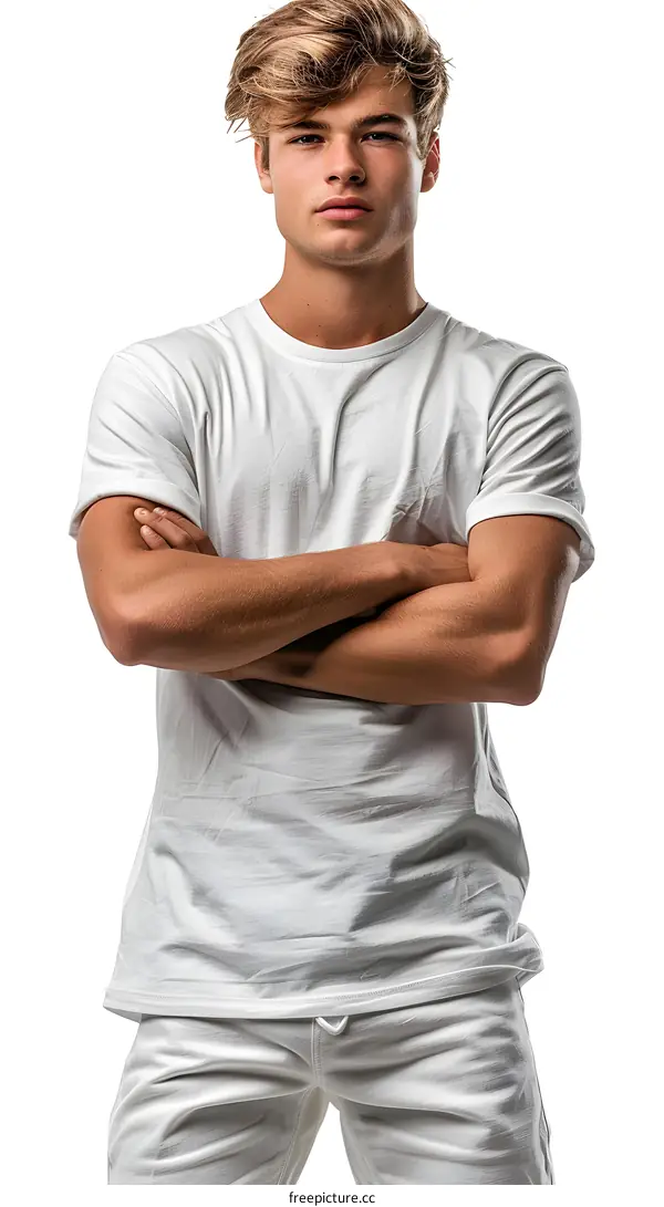 Portrait of a young male model with blond hair and blue eyes wearing a white shirt and white pants